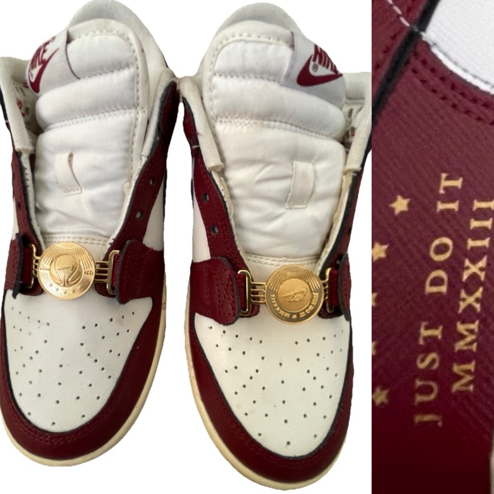 Nike Women’s White and Burgundy Sneakers with Gold Accents